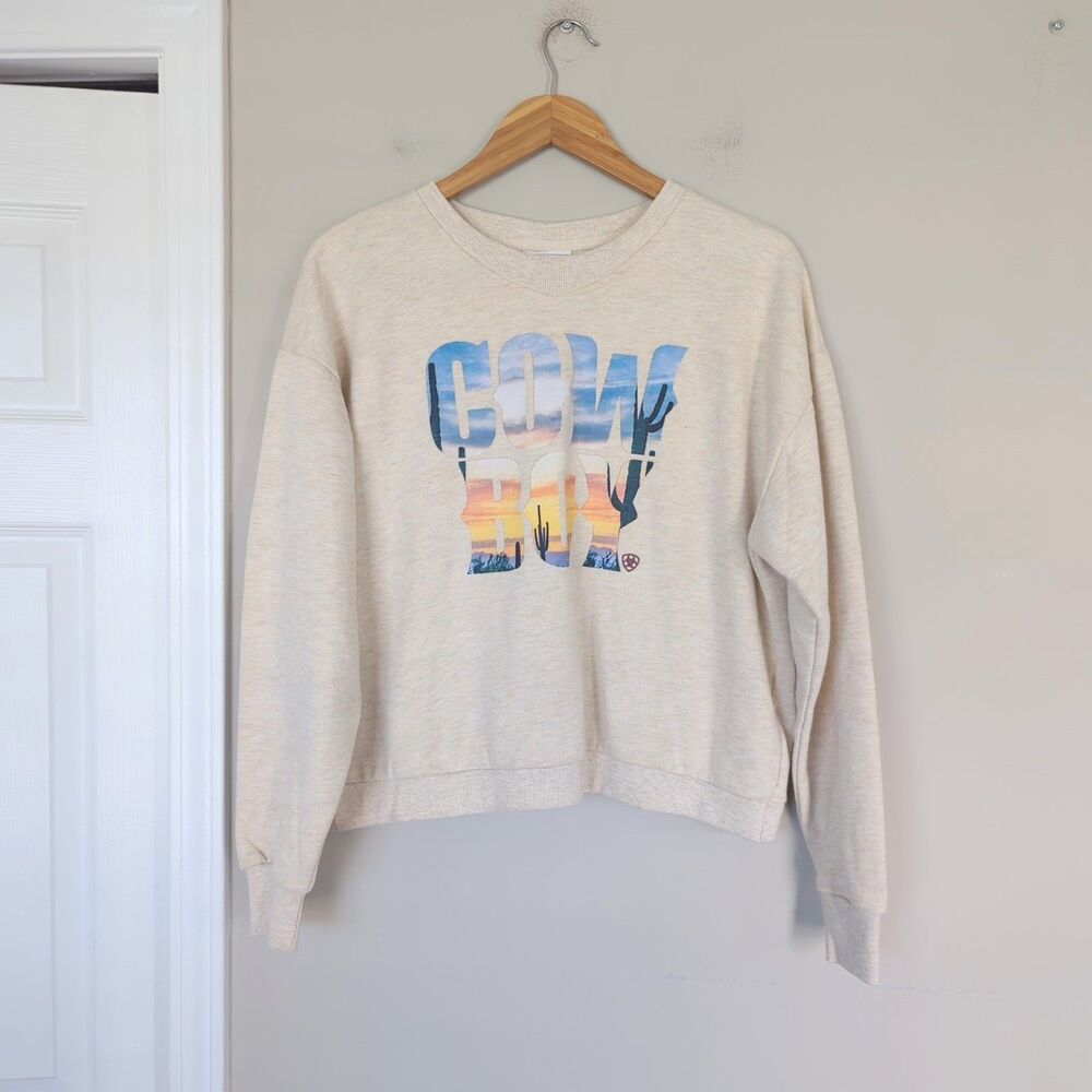 Ariat NWT Cowboy Graphic Crewneck Sweatshirt Crossover Back Beige Size Large